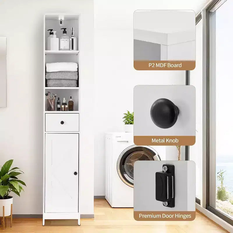 Meuble de rangement haut de salle de bain, meuble autoportant étroit et mince avec 2 portes de grange et 1 tiroir avec étagères réglables pour la cuisine et la salle de bain