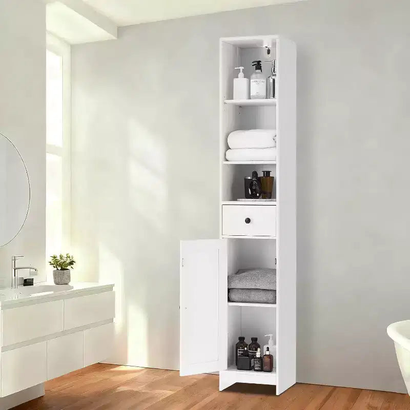 Meuble de rangement haut de salle de bain, meuble autoportant étroit et mince avec 2 portes de grange et 1 tiroir avec étagères réglables pour la cuisine et la salle de bain