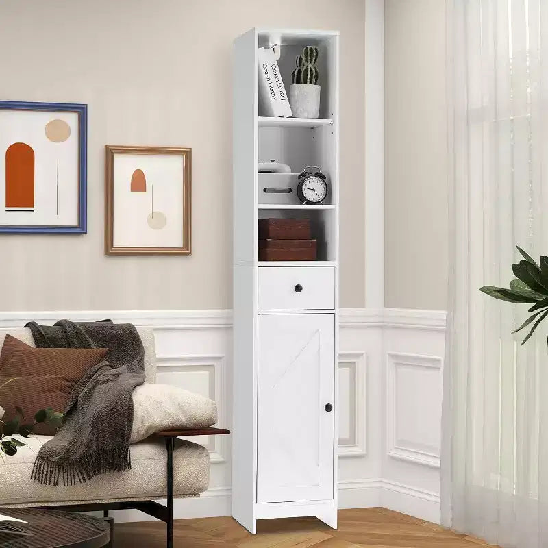 Meuble de rangement haut de salle de bain, meuble autoportant étroit et mince avec 2 portes de grange et 1 tiroir avec étagères réglables pour la cuisine et la salle de bain