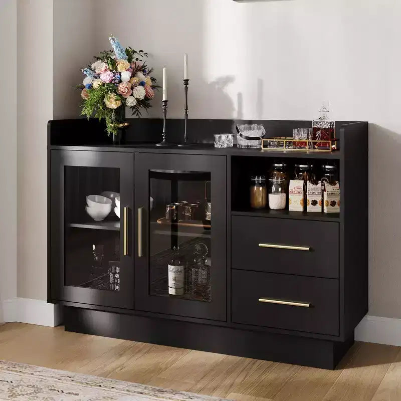 COZONY Glass Door Storage Cabinet, Freestanding Display Cabinet w/ Drawers for Living Room & Dining Room