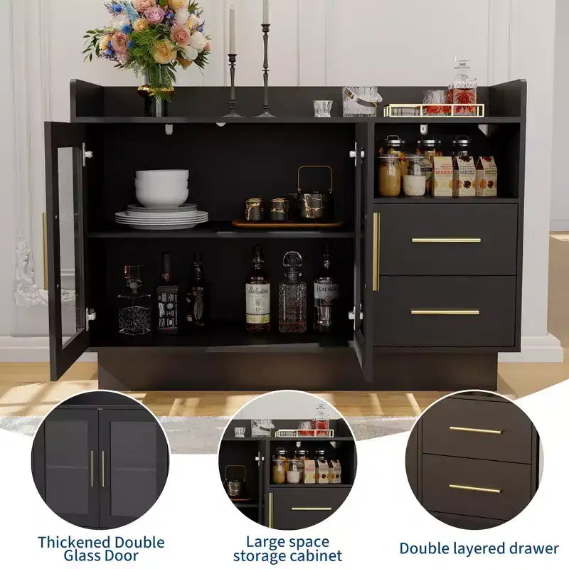 Meuble de Rangement COZONY avec Portes Vitrées, Vitrine Autonome avec Tiroirs pour Salon et Salle à Manger