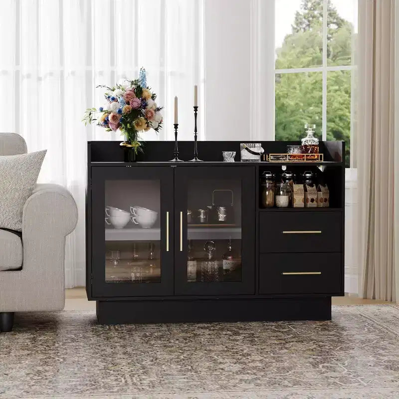 Meuble de Rangement COZONY avec Portes Vitrées, Vitrine Autonome avec Tiroirs pour Salon et Salle à Manger
