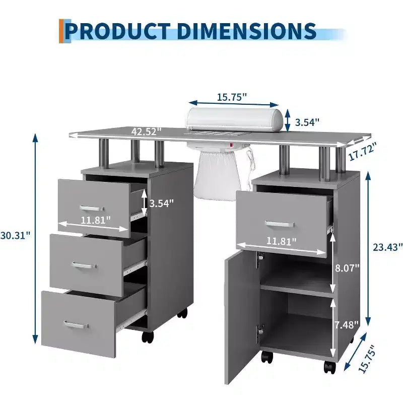 Table de manucure avec collecteur de poussière électrique, station de salon de beauté pour ongles 42 avec roues verrouillables, repose-bras, 4 tiroirs de rangement, plateau résistant