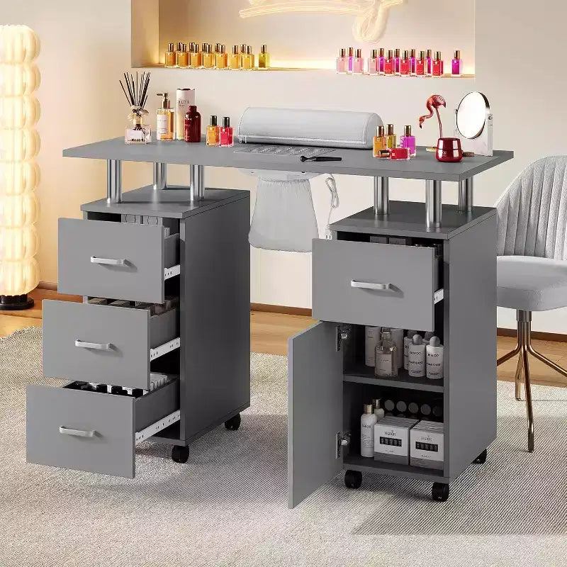 Table de manucure avec collecteur de poussière électrique, station de salon de beauté pour ongles 42 avec roues verrouillables, repose-bras, 4 tiroirs de rangement, plateau résistant