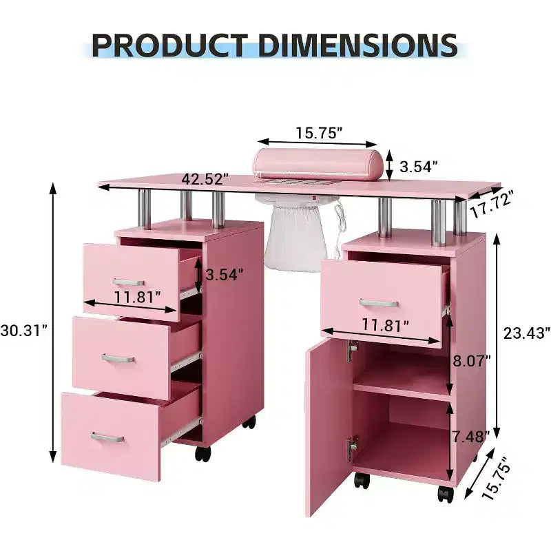 Table de manucure avec collecteur de poussière électrique, station de salon de beauté pour ongles 42 avec roues verrouillables, repose-bras, 4 tiroirs de rangement, plateau résistant