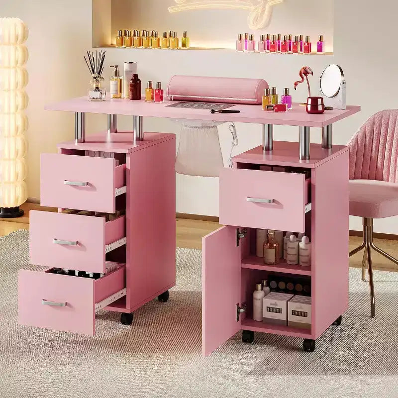 Table de manucure avec collecteur de poussière électrique, station de salon de beauté pour ongles 42 avec roues verrouillables, repose-bras, 4 tiroirs de rangement, plateau résistant