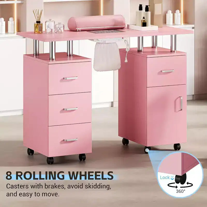 Table de manucure avec collecteur de poussière électrique, station de salon de beauté pour ongles 42 avec roues verrouillables, repose-bras, 4 tiroirs de rangement, plateau résistant