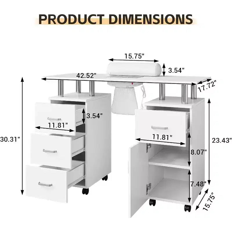 Table de manucure avec collecteur de poussière électrique, station de salon de beauté pour ongles 42 avec roues verrouillables, repose-bras, 4 tiroirs de rangement, plateau résistant