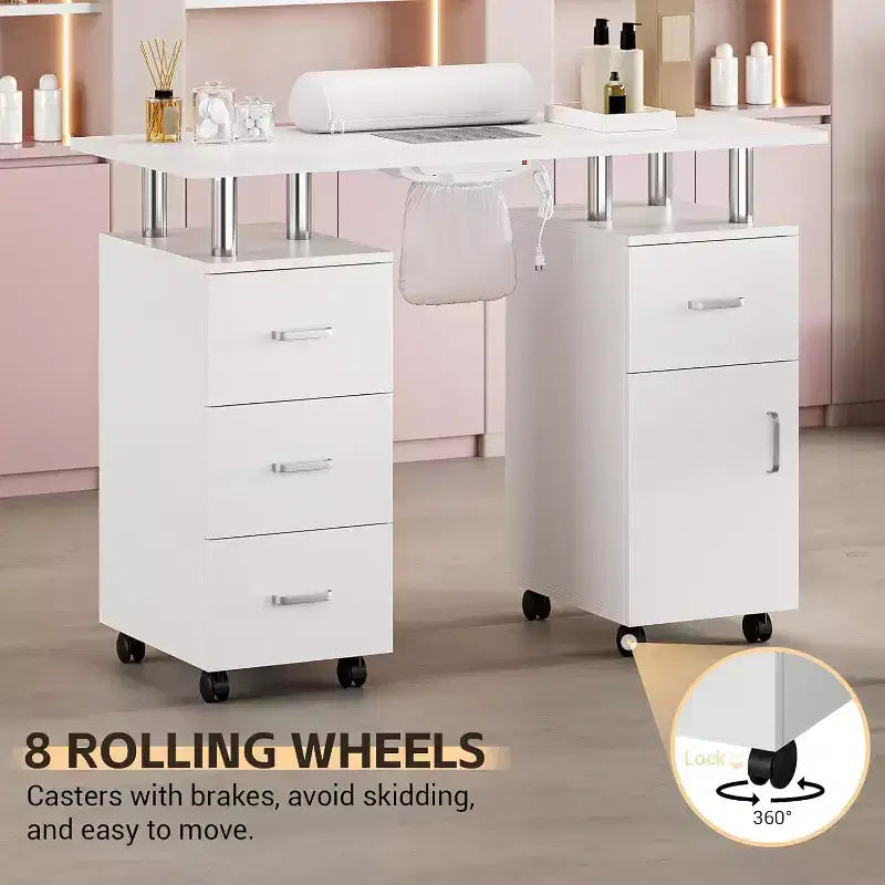Table de manucure avec collecteur de poussière électrique, station de salon de beauté pour ongles 42 avec roues verrouillables, repose-bras, 4 tiroirs de rangement, plateau résistant