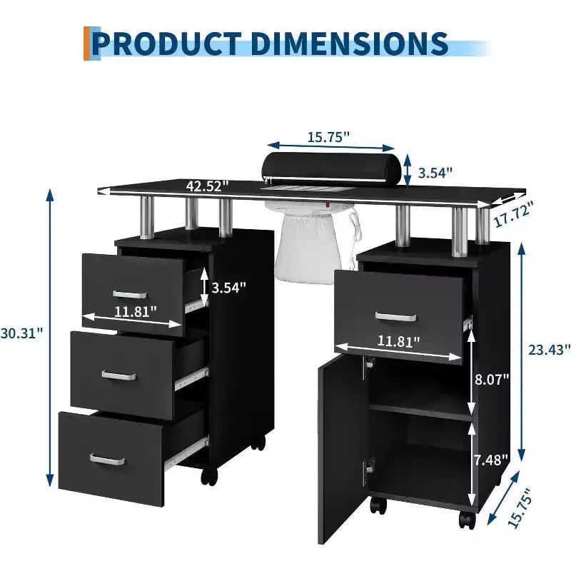 Table de manucure avec collecteur de poussière électrique, station de salon de beauté pour ongles 42 avec roues verrouillables, repose-bras, 4 tiroirs de rangement, plateau résistant