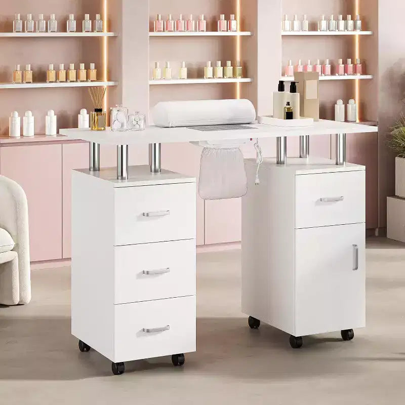 Table de manucure avec collecteur de poussière électrique, station de salon de beauté pour ongles 42 avec roues verrouillables, repose-bras, 4 tiroirs de rangement, plateau résistant