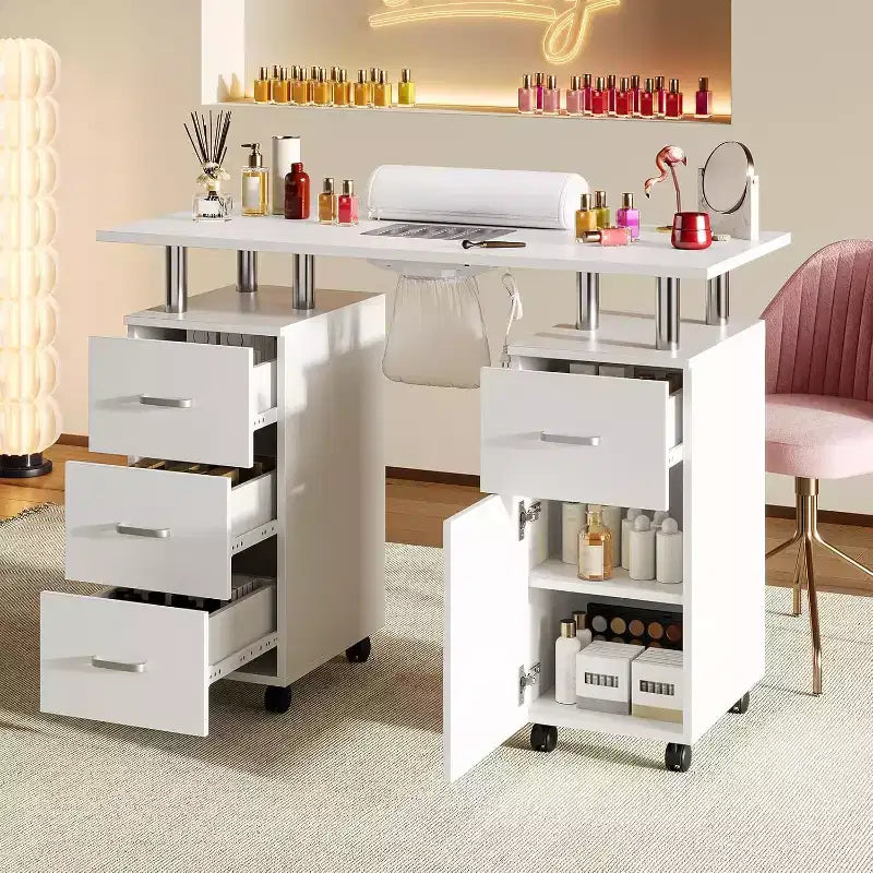 Table de manucure avec collecteur de poussière électrique, station de salon de beauté pour ongles 42 avec roues verrouillables, repose-bras, 4 tiroirs de rangement, plateau résistant