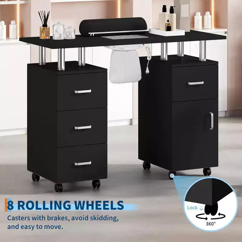 Table de manucure avec collecteur de poussière électrique, station de salon de beauté pour ongles 42 avec roues verrouillables, repose-bras, 4 tiroirs de rangement, plateau résistant