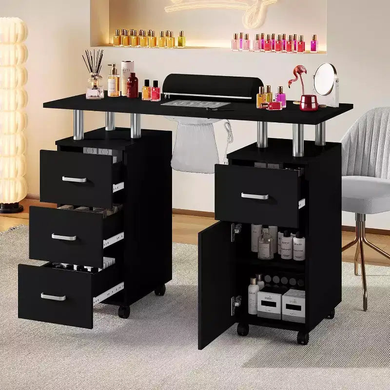 Table de manucure avec collecteur de poussière électrique, station de salon de beauté pour ongles 42 avec roues verrouillables, repose-bras, 4 tiroirs de rangement, plateau résistant