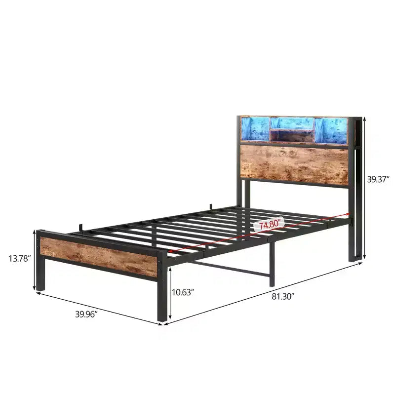 Cadre de lit double en métal Bellemave avec tête de lit de rangement, lumières LED RGB, station de recharge, bibliothèque de rangement, pas de sommier tapissier