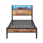 Cadre de lit double en métal Bellemave avec tête de lit de rangement, lumières LED RGB, station de recharge, bibliothèque de rangement, pas de sommier tapissier