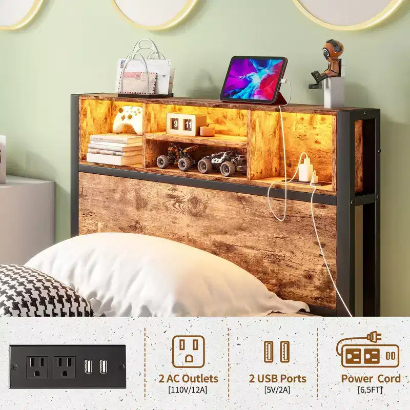 Cadre de lit double en métal Bellemave avec tête de lit de rangement, lumières LED RGB, station de recharge, bibliothèque de rangement, pas de sommier tapissier