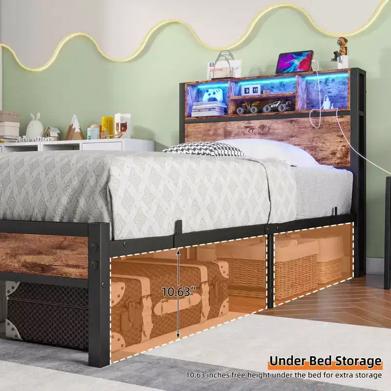 Cadre de lit double en métal Bellemave avec tête de lit de rangement, lumières LED RGB, station de recharge, bibliothèque de rangement, pas de sommier tapissier