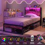 Cadre de lit double en métal Bellemave avec tête de lit de rangement, lumières LED RGB, station de recharge, bibliothèque de rangement, pas de sommier tapissier