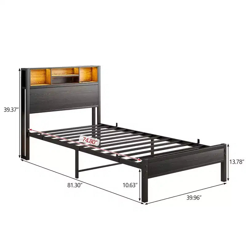 Cadre de lit double en métal Bellemave avec tête de lit de rangement, lumières LED RGB, station de recharge, bibliothèque de rangement, pas de sommier tapissier