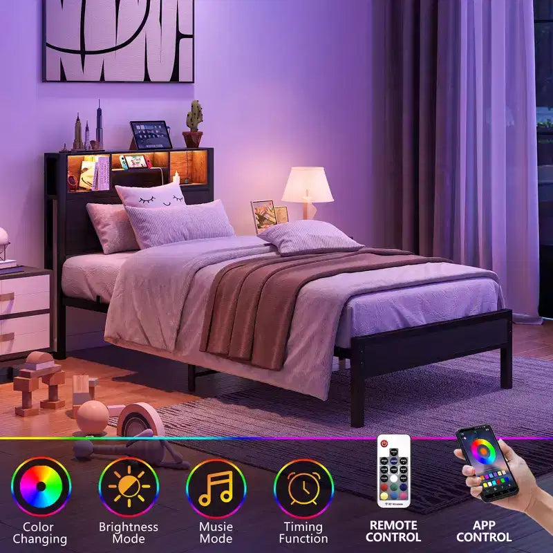 Cadre de lit double en métal Bellemave avec tête de lit de rangement, lumières LED RGB, station de recharge, bibliothèque de rangement, pas de sommier tapissier