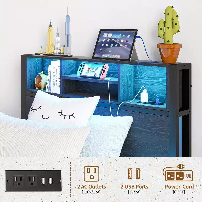 Cadre de lit double en métal Bellemave avec tête de lit de rangement, lumières LED RGB, station de recharge, bibliothèque de rangement, pas de sommier tapissier