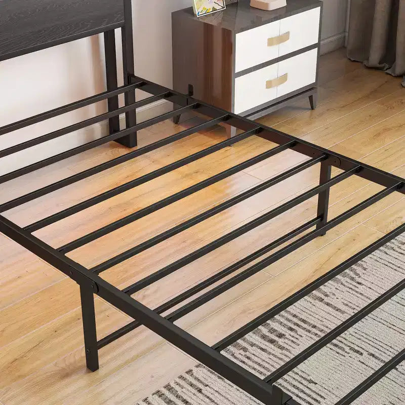 Cadre de lit double en métal Bellemave avec tête de lit de rangement, lumières LED RGB, station de recharge, bibliothèque de rangement, pas de sommier tapissier