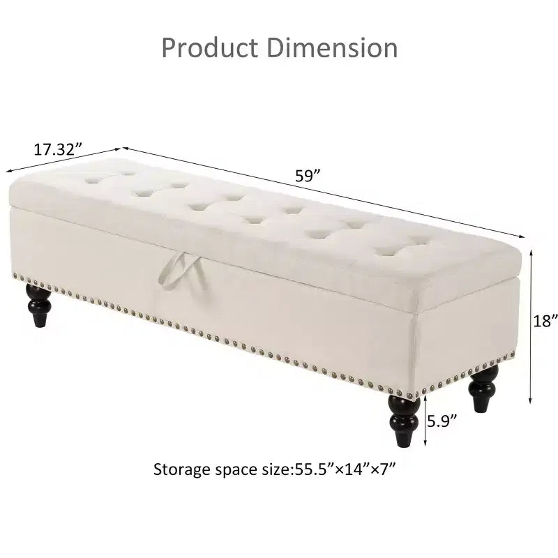 TUYOHW Pouf de rangement de 150 cm avec surface capitonnée et garnitures à clous décoratives, tabouret de rangement, banc de bout de lit pour chambre, beige