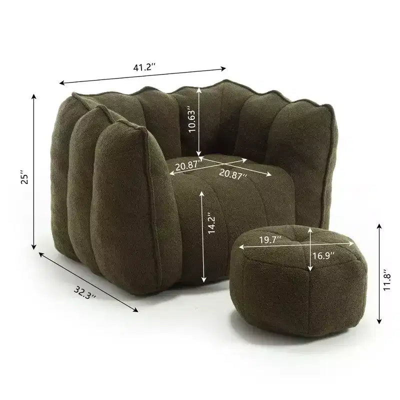 Fauteuil poire Okak Chenille avec ottoman, fauteuil poire lounge à accoudoirs carrés et pouf, canapé en mousse haute résilience pour salon