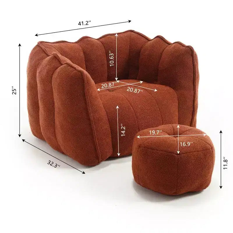 Fauteuil poire Okak Chenille avec ottoman, fauteuil poire lounge à accoudoirs carrés et pouf, canapé en mousse haute résilience pour salon