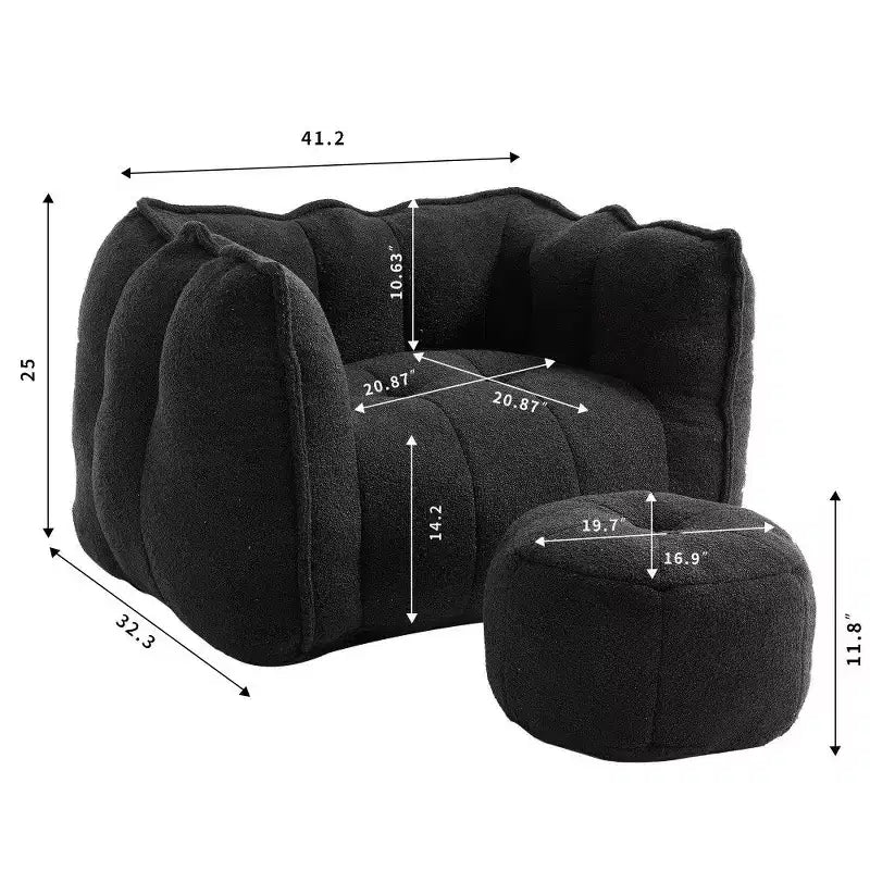 Fauteuil poire Okak Chenille avec ottoman, fauteuil poire lounge à accoudoirs carrés et pouf, canapé en mousse haute résilience pour salon