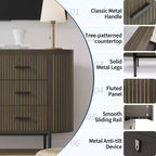 Commode 6 tiroirs cannelés, commode en bois moderne du milieu du siècle de 120 cm de large avec profil incurvé et poignées dorées pour chambre à coucher ou dressing