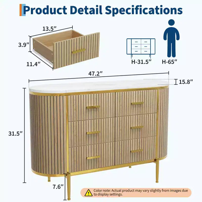 Commode 6 tiroirs cannelés, commode en bois moderne du milieu du siècle de 120 cm de large avec profil incurvé et poignées dorées pour chambre à coucher ou dressing