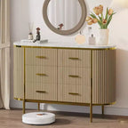 Commode 6 tiroirs cannelés, commode en bois moderne du milieu du siècle de 120 cm de large avec profil incurvé et poignées dorées pour chambre à coucher ou dressing