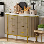 Commode 6 tiroirs cannelés, commode en bois moderne du milieu du siècle de 120 cm de large avec profil incurvé et poignées dorées pour chambre à coucher ou dressing