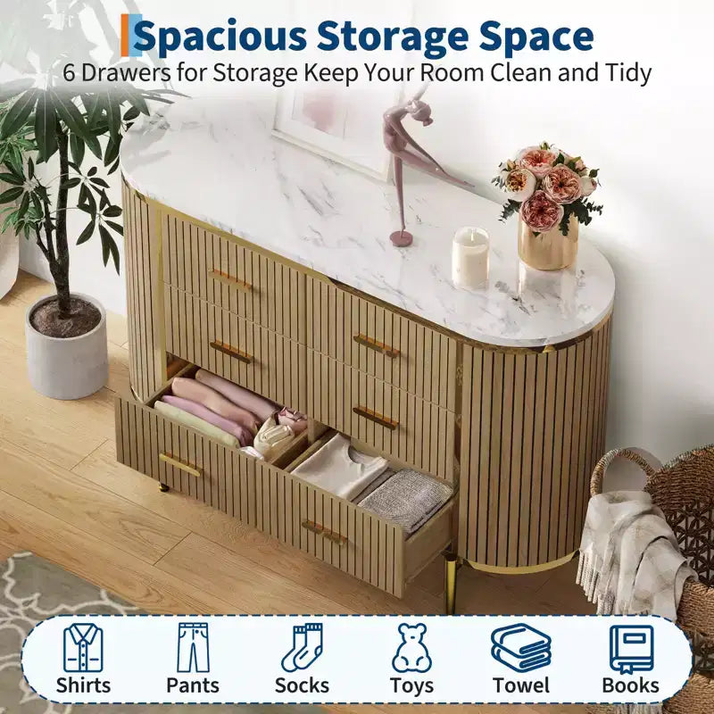 Commode 6 tiroirs cannelés, commode en bois moderne du milieu du siècle de 120 cm de large avec profil incurvé et poignées dorées pour chambre à coucher ou dressing
