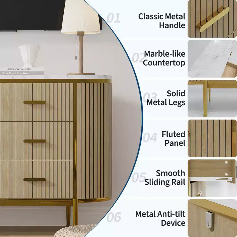 Commode 6 tiroirs cannelés, commode en bois moderne du milieu du siècle de 120 cm de large avec profil incurvé et poignées dorées pour chambre à coucher ou dressing