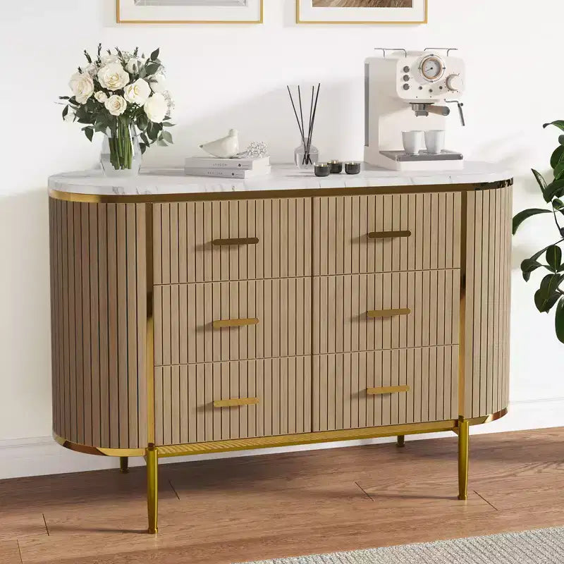 Fluted 6 Drawer Dresser, 47.2in Wide Mid Century Modern Wooden Chest of Drawers with Curved Profile Design and Gold Handles for Bedroom Closet