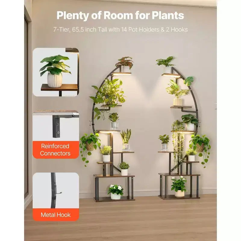 VIYET Lot de 2 supports à plantes demi-lune en métal à 7 niveaux de 166 cm de haut, pour l'intérieur avec lampes de croissance, 3 minuteries et 10 niveaux de luminosité