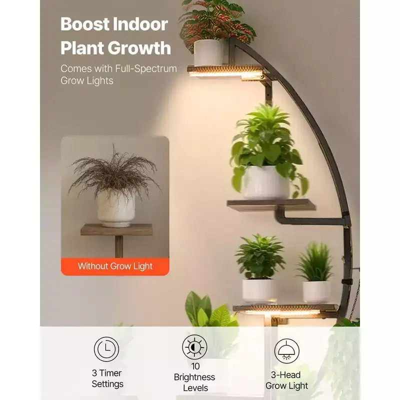 VIYET Lot de 2 supports à plantes demi-lune en métal à 7 niveaux de 166 cm de haut, pour l'intérieur avec lampes de croissance, 3 minuteries et 10 niveaux de luminosité