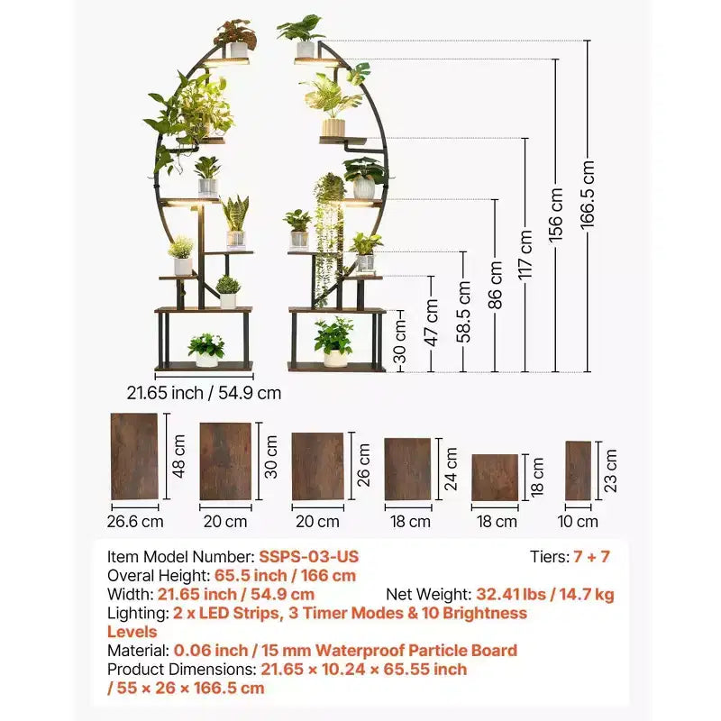 VIYET Lot de 2 supports à plantes demi-lune en métal à 7 niveaux de 166 cm de haut, pour l'intérieur avec lampes de croissance, 3 minuteries et 10 niveaux de luminosité