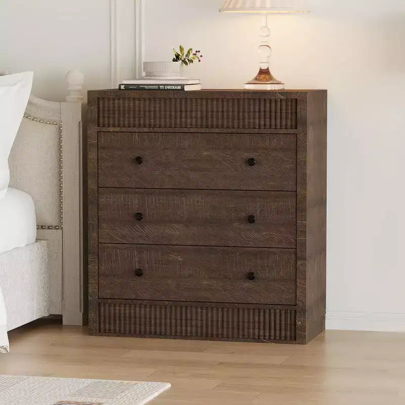 COZONY Commode 3/5 tiroirs, grand meuble de rangement en bois cannelé avec tiroirs à glissement doux, table de chevet moderne en bois
