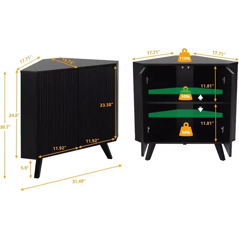 Meuble de rangement d'angle avec étagère réglable, table d'angle industrielle en bois à 3 niveaux avec portes, table d'appoint triangulaire pour salon, cuisine