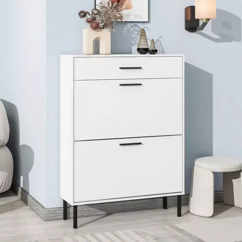 TUYOHW Shoe Cabinet with 2 Flip Drawers, Freestanding Entryway Storage Organizer with Metal Legs & Top Drawer,White