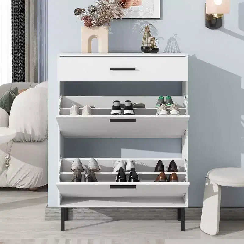 Meuble à chaussures TUYOHW avec 2 tiroirs basculants, Organisateur de rangement autonome pour entrée avec pieds en métal et tiroir supérieur, Blanc