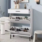 Meuble à chaussures TUYOHW avec 2 tiroirs basculants, Organisateur de rangement autonome pour entrée avec pieds en métal et tiroir supérieur, Blanc