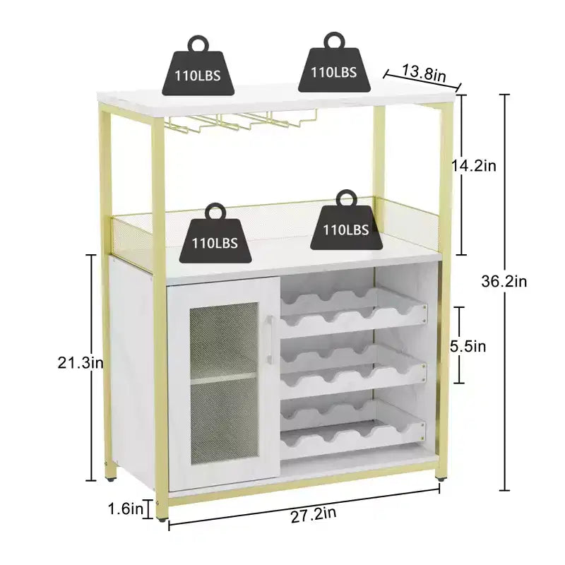 Buffet de bar à vin industriel doré avec rangement pour 12 bouteilles, support à verre amovible - Meuble d'appoint pour salon, cuisine et salle à manger