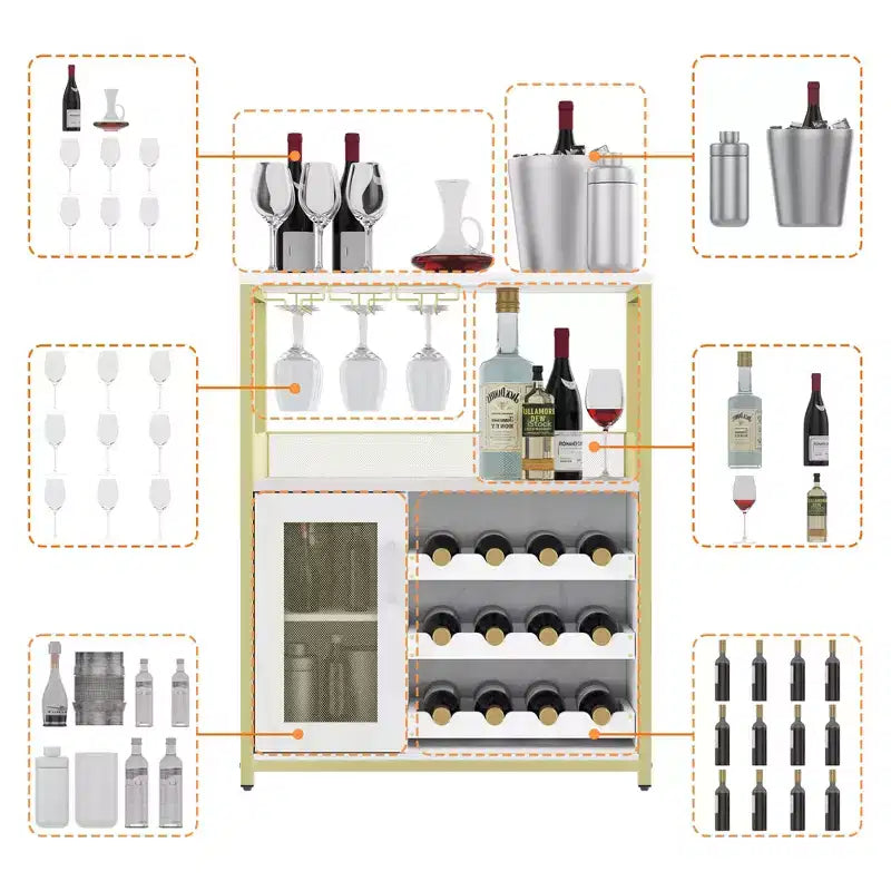 Buffet de bar à vin industriel doré avec rangement pour 12 bouteilles, support à verre amovible - Meuble d'appoint pour salon, cuisine et salle à manger