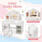 Coiffeuse Acekool pour enfants avec miroir triptyque détachable, tiroirs de rangement et étagères, bureau et chaise de maquillage pour chambre de filles