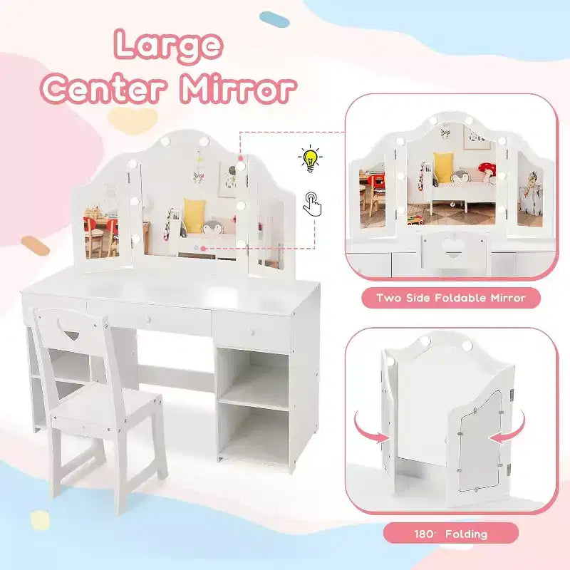 Coiffeuse Acekool pour enfants avec miroir triptyque détachable, tiroirs de rangement et étagères, bureau et chaise de maquillage pour chambre de filles